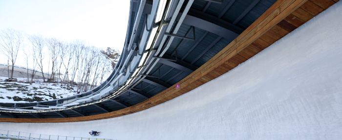 A luge athlete participates in training at the Alpensia Sliding Center in Pyeongchang, Gangwon-do Province, on Feb. 17.